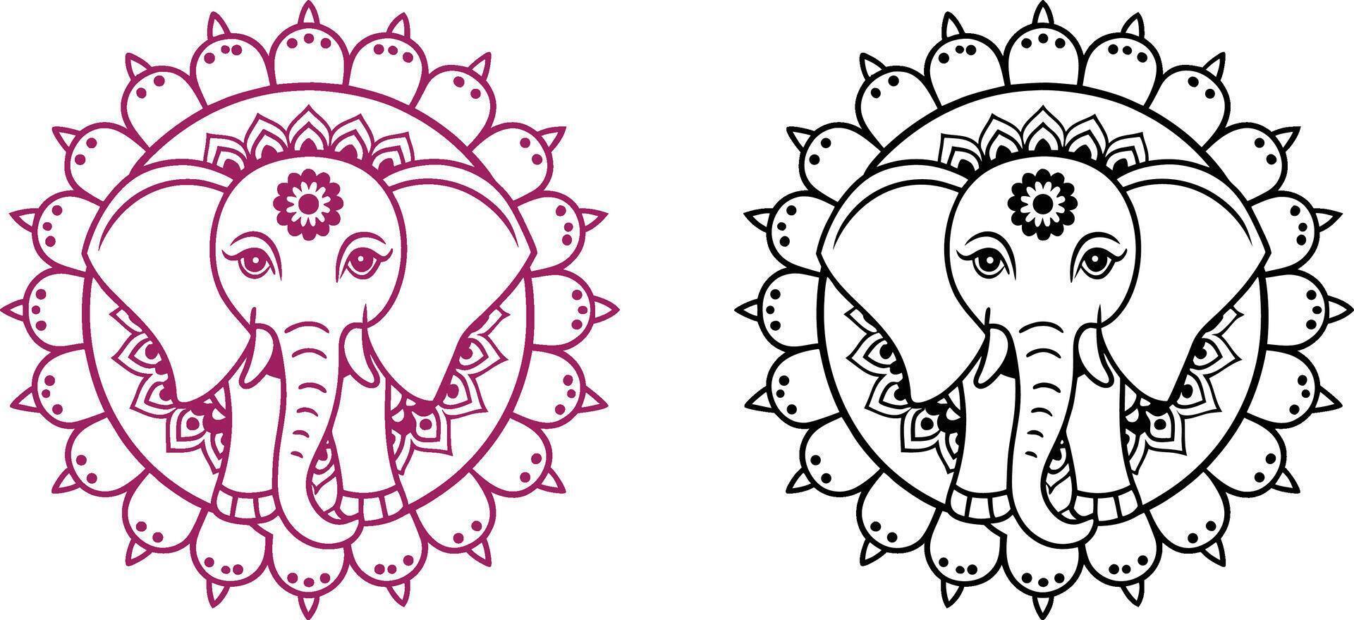 Set of elephant head mandala lineart and colouring page. vector