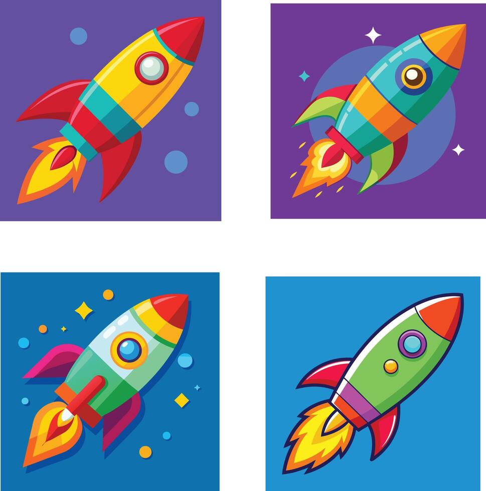 Set of rocket launch,colourful cartoon rocket. vector