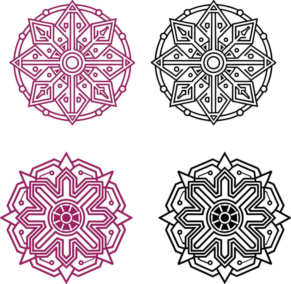 set of round ornamental elements Cyberpunk Mandala with neon circuits and glowing patterns. vector