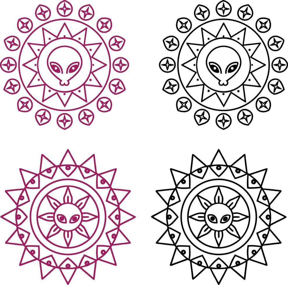 set of Alien ornamental design elements mandala colouring page,mandala lineart new 2025 trendy,unique, vector