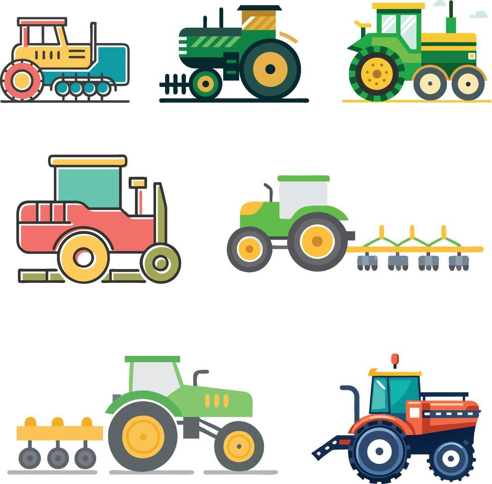 Colourful farm tractor illustration set 2025,new,air seeder icon,trendy,unique,farmimg vector