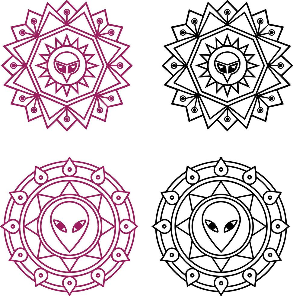Set of alien face mandala lineart design,colouring page new 2025 trendy unique vector