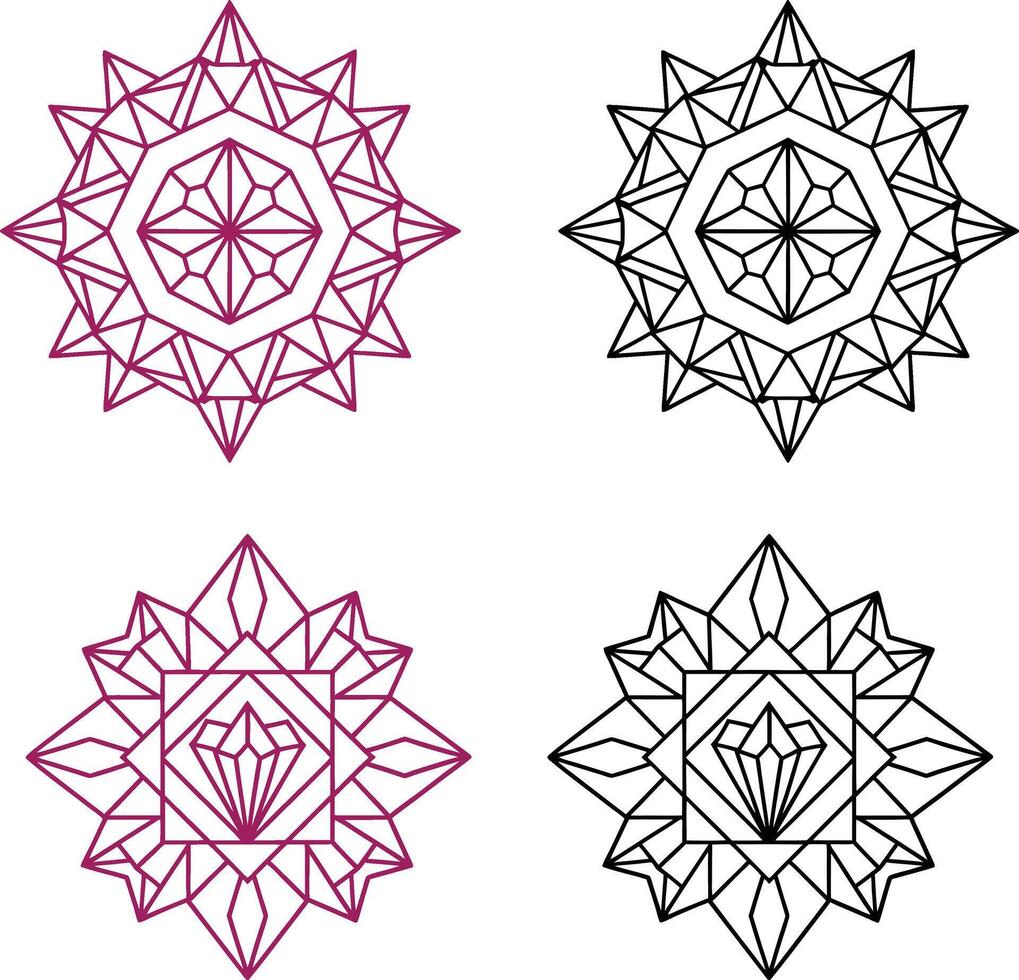 Set of crystal mandala lineart,colouring page vector