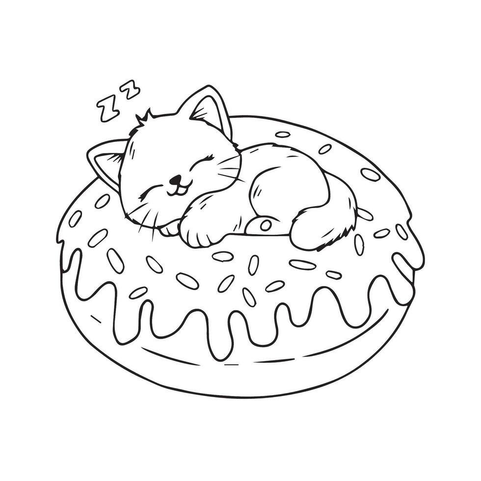 Cute cat sleeping in a donut. Coloring book for children. vector