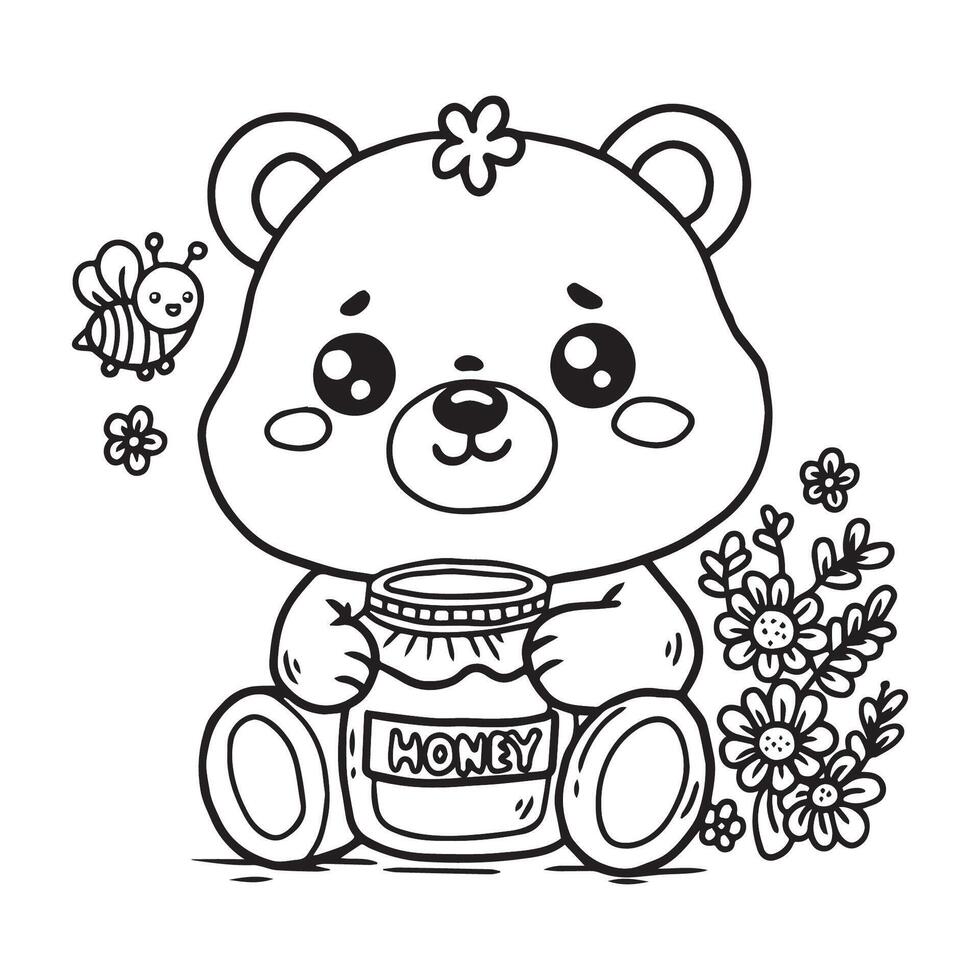 cute little bear with honey jar and bees illustration for colour vector
