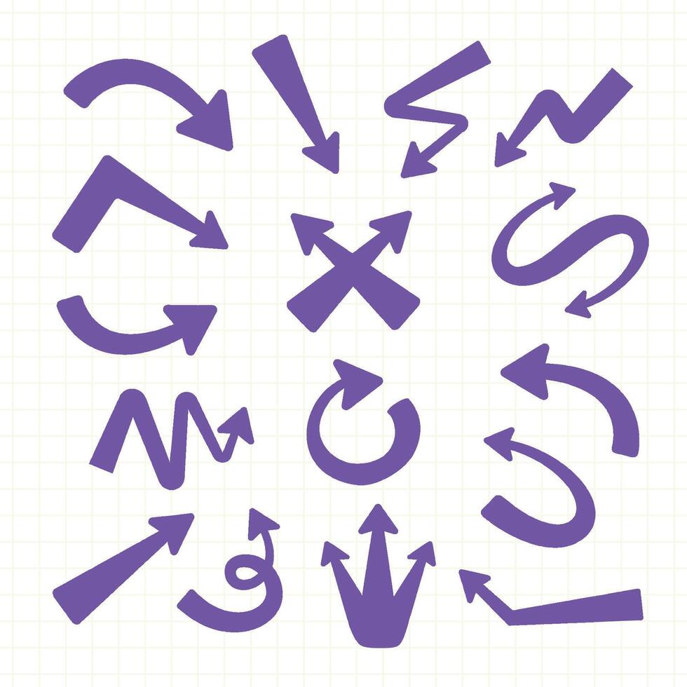 Collection of hand-drawn arrows. Set simple purple arrows isolated on a white background. vector