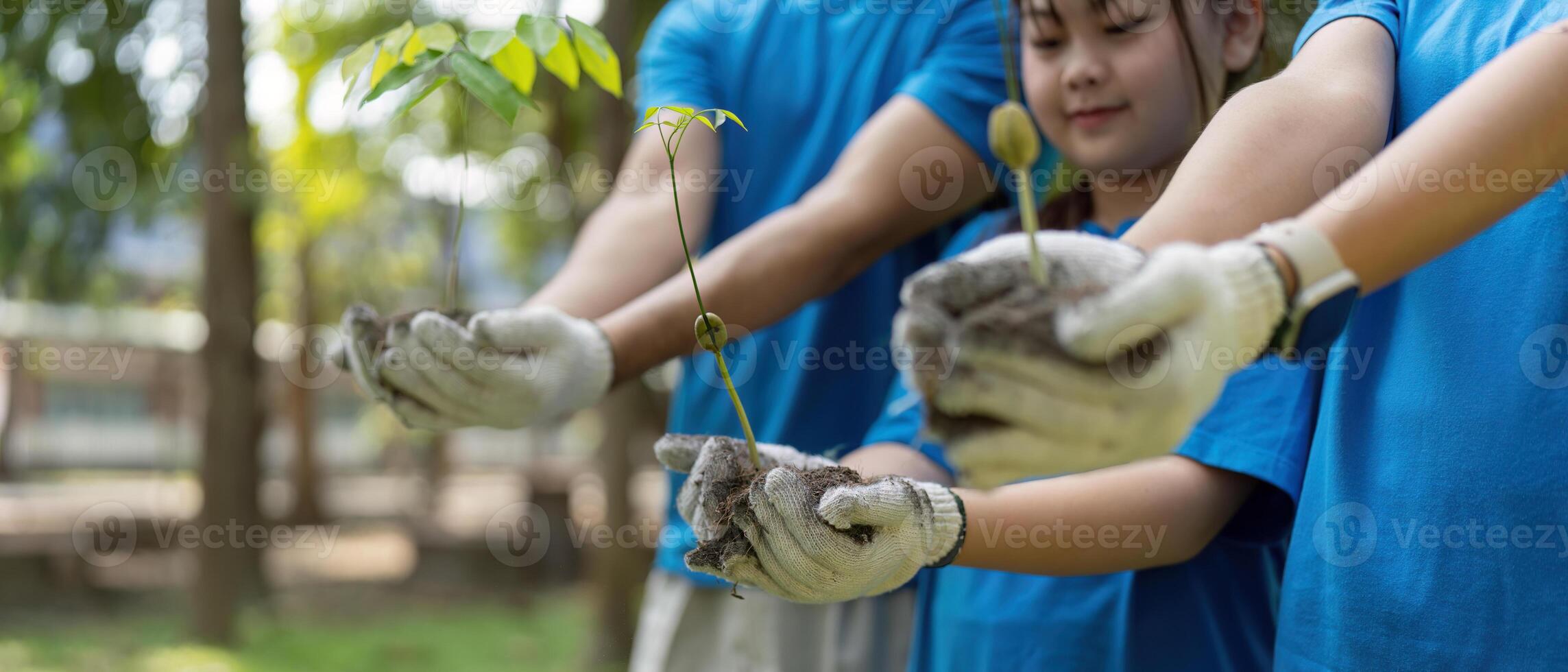 Environmental Stewardship and Team Spirit. Young volunteers showcasing their saplings for planting. photo