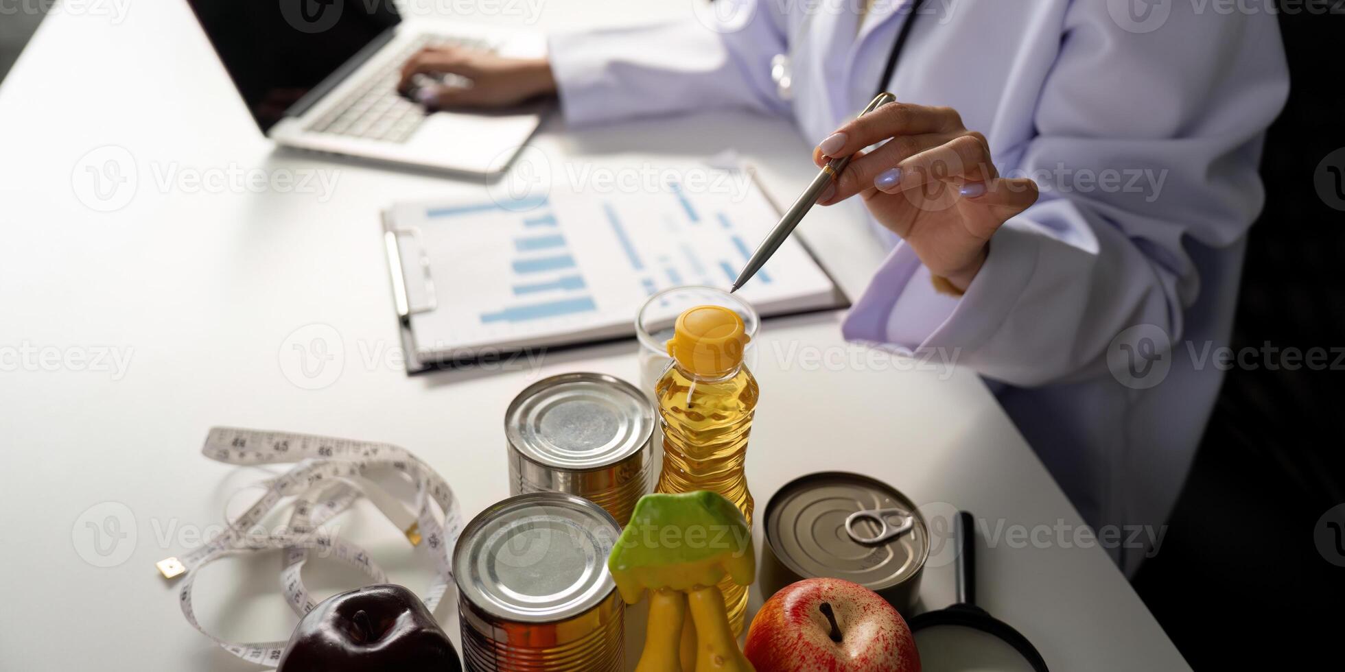 Health and Nutrition Evaluation. A healthcare expert analyzing food items and health charts while utilizing technology for dietary advice. photo