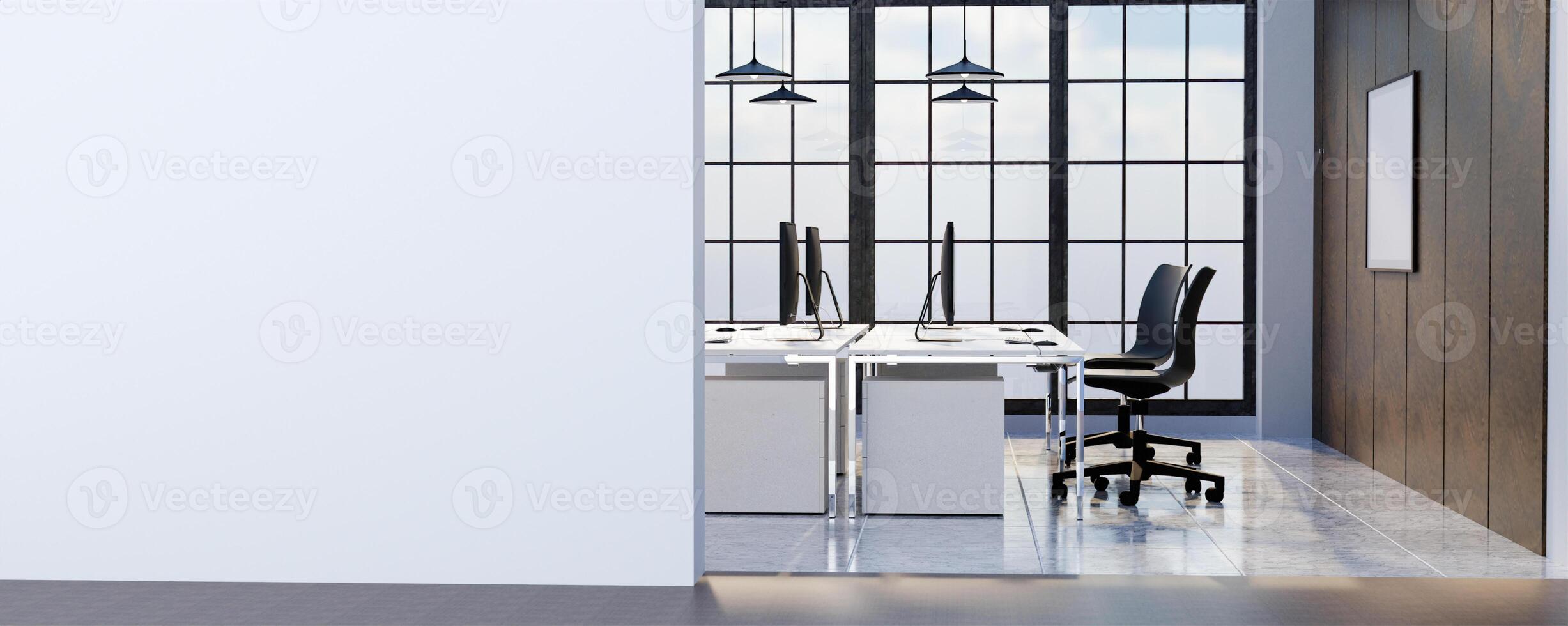 Stylish office with large windows and modern workstations, 3D render illustration. photo