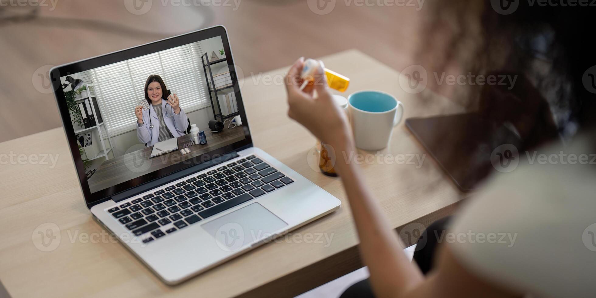 Remote Medical Consultation and Health Advice. Patient discussing medications with a healthcare professional over a call. photo