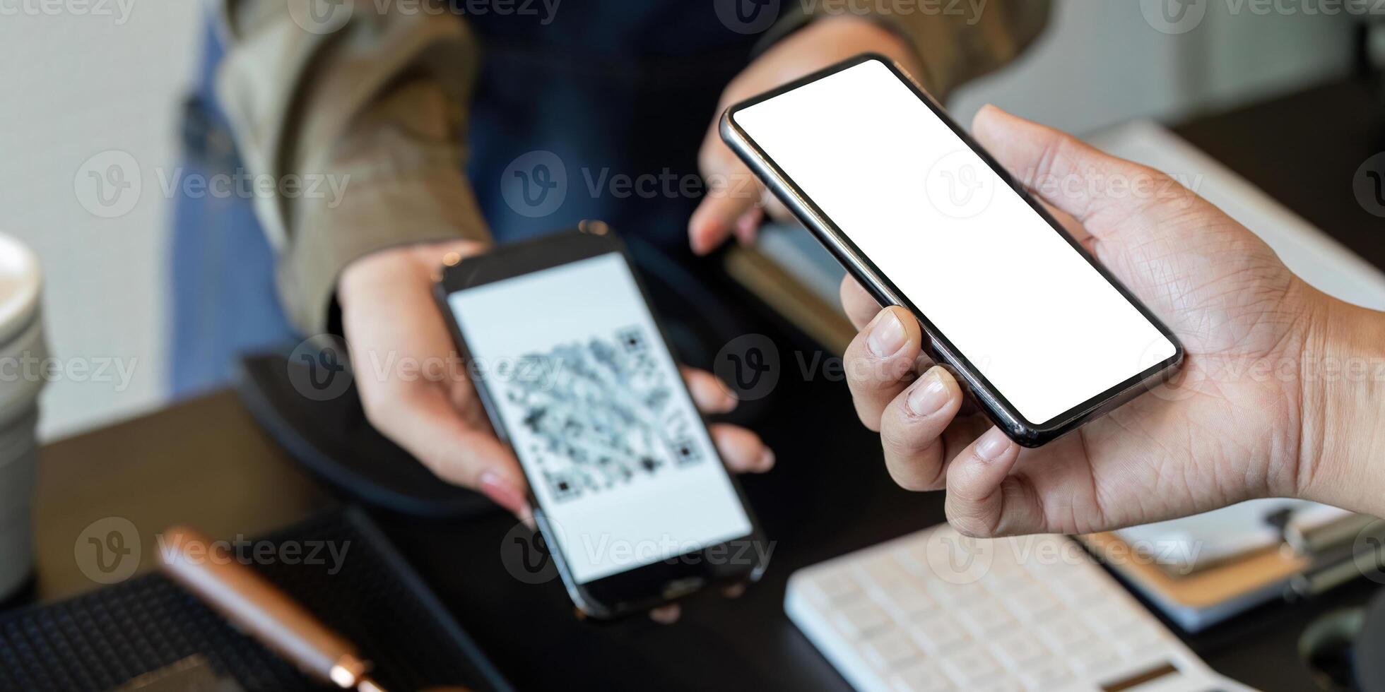 Digital Payments and Sustainability. A customer using their smartphone for contactless payment. photo
