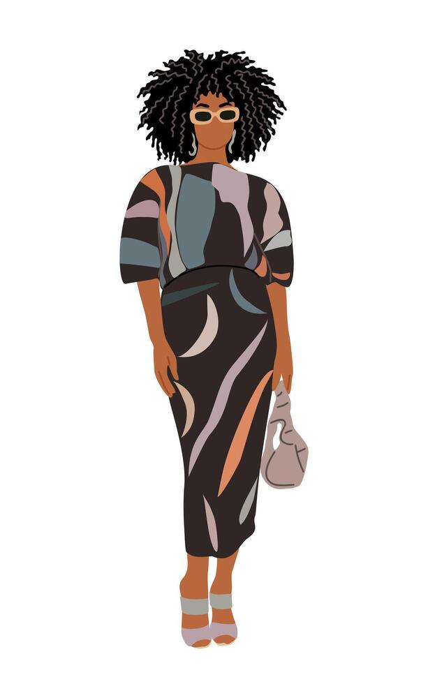 Stylish black woman standing in a colorful dress vector