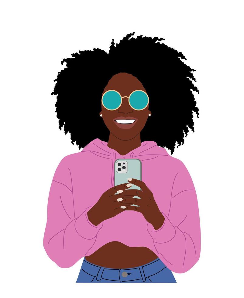 Young black woman using smartphone isolated vector