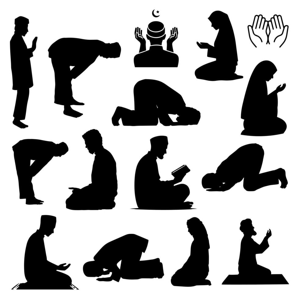 Silhouette muslim praying , Islamic worship or prayer - namaz icon set. character commits a sajda silhouette element for illustration.Muslim Man praying Ramadan Salah on white background. vector
