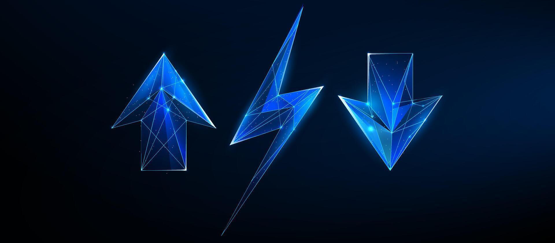 Futuristic Polygonal Up Arrow, Lightning Bolt, and Down Arrow Icons vector