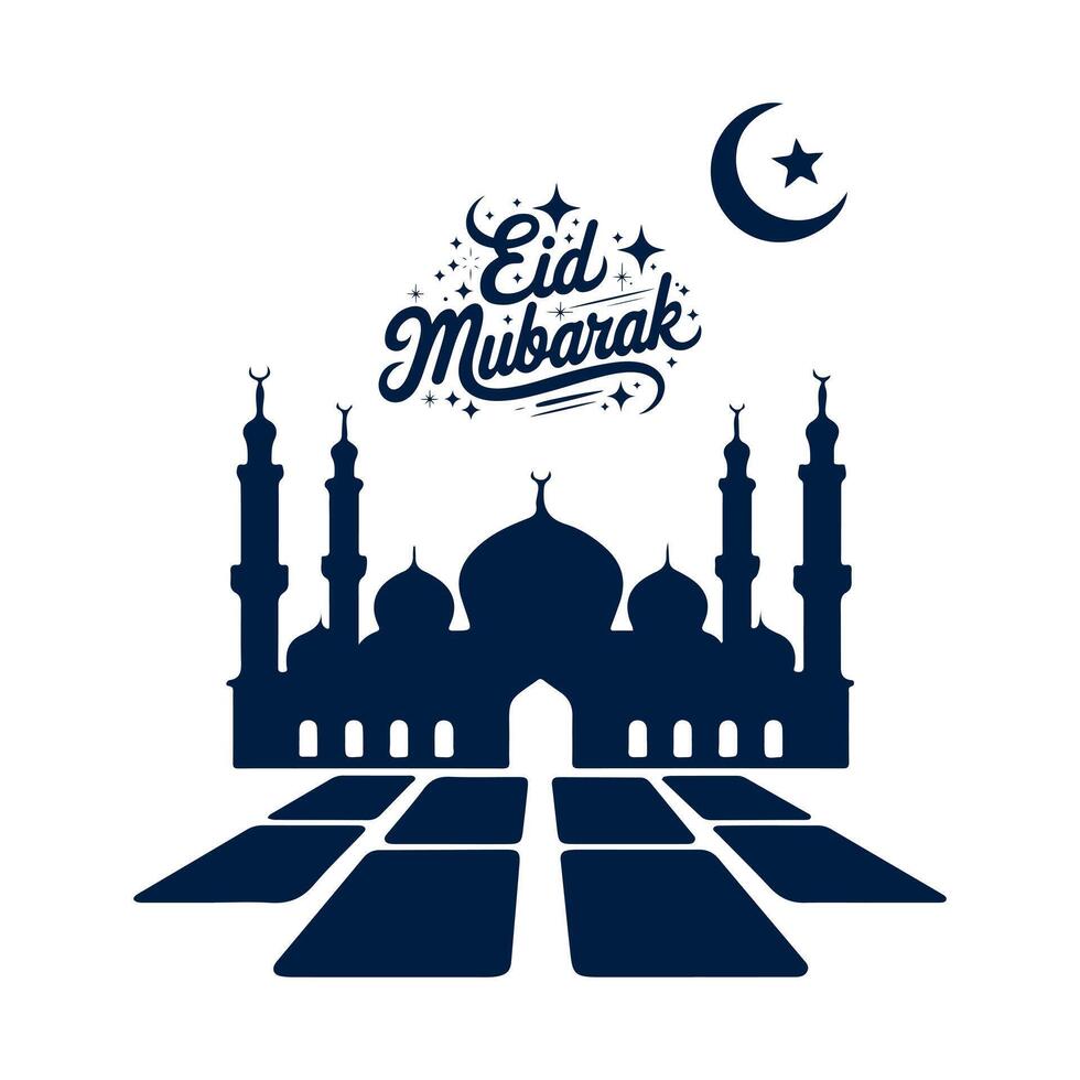Eid Mubarak English Typography. Eid ul-Fitr, Eid ul-Adha design. Creative Art Eid Mubarak Lettering and Mubarak calligraphy with mosque silhouette vector