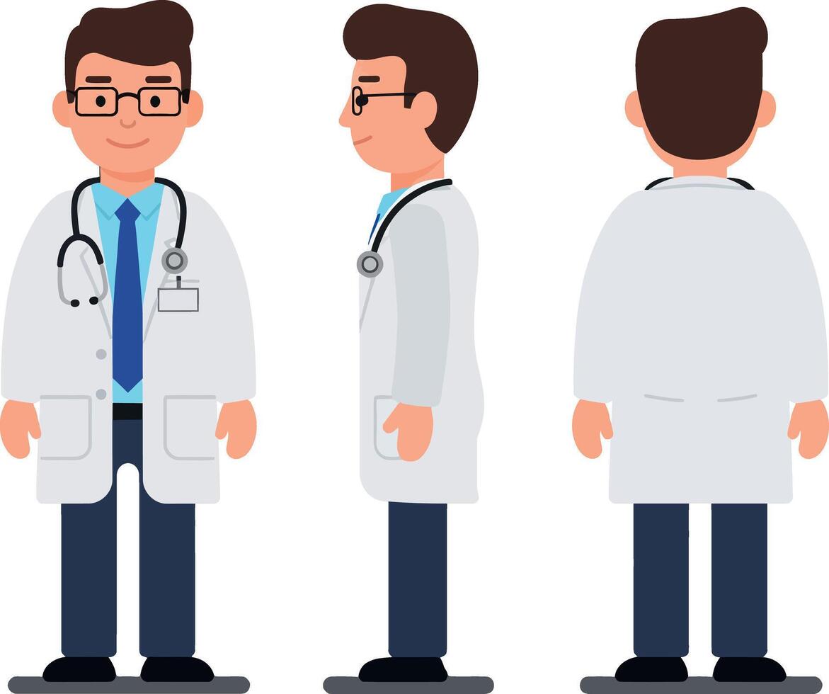 Friendly male doctor in a white coat and stethoscope, showcasing a flat design style in art vector