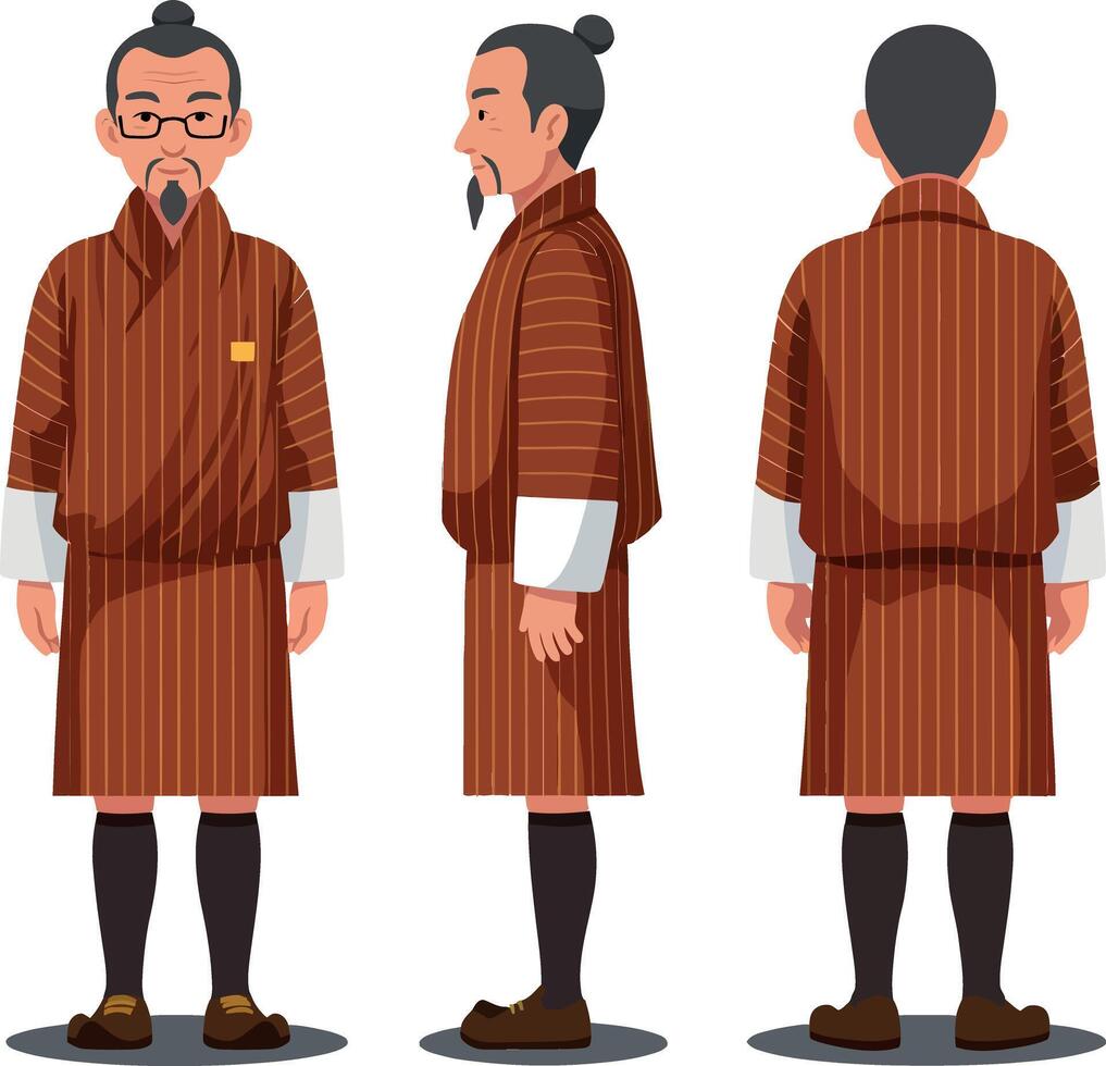 Elderly man in traditional striped robe showcasing multiple angles, featuring flat design and warm tones in detailed art vector