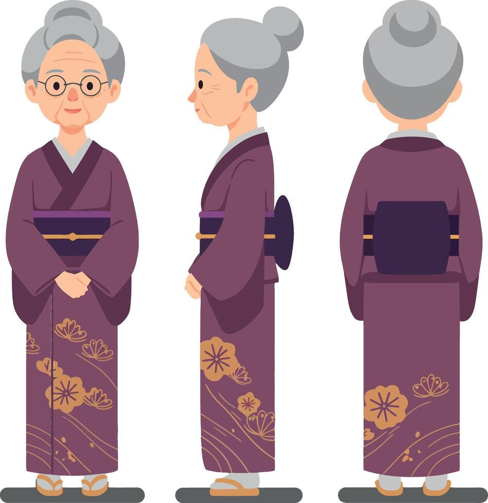 Elderly woman in a traditional kimono, showcasing a flat design style, smiling gently while standing in three poses, illustration vector