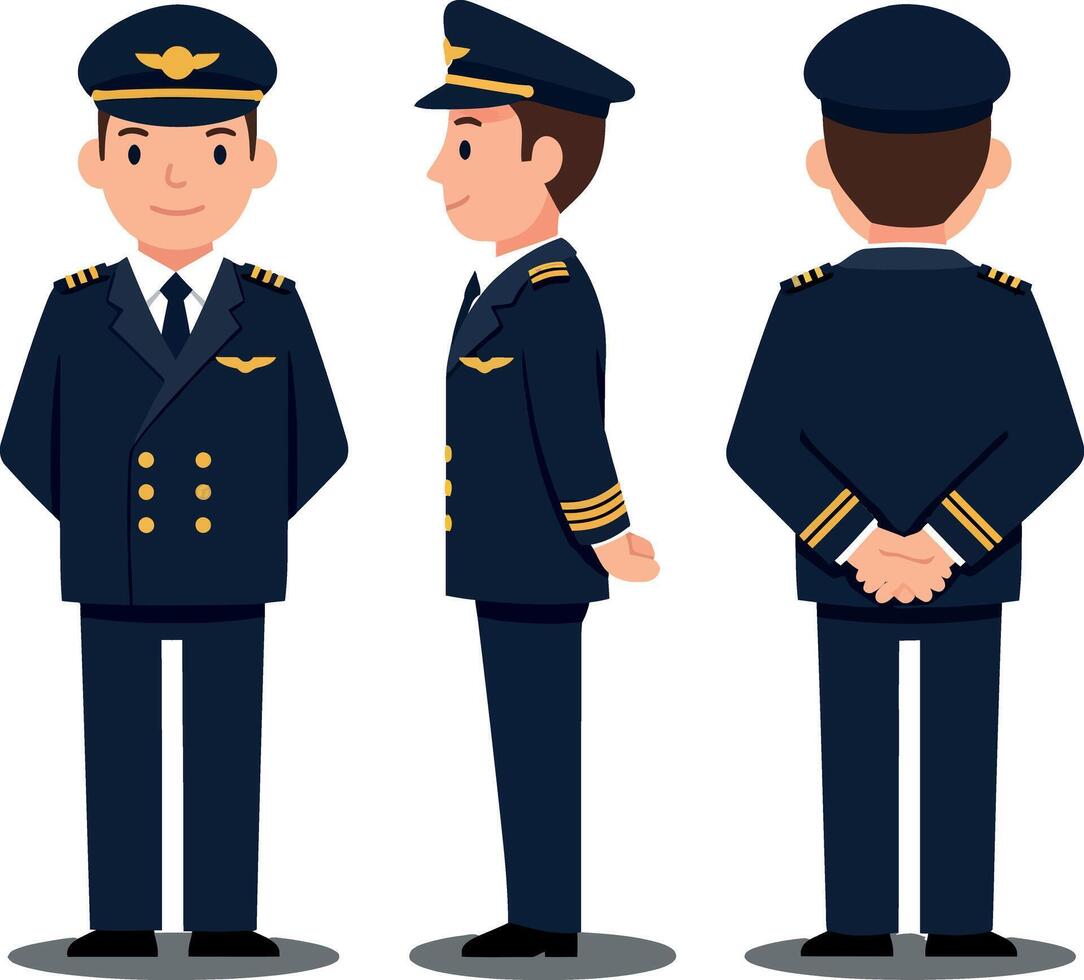 A professional male pilot in a navy blue uniform showcasing a flat design style in three different poses, embodying confidence and readiness, illustration vector