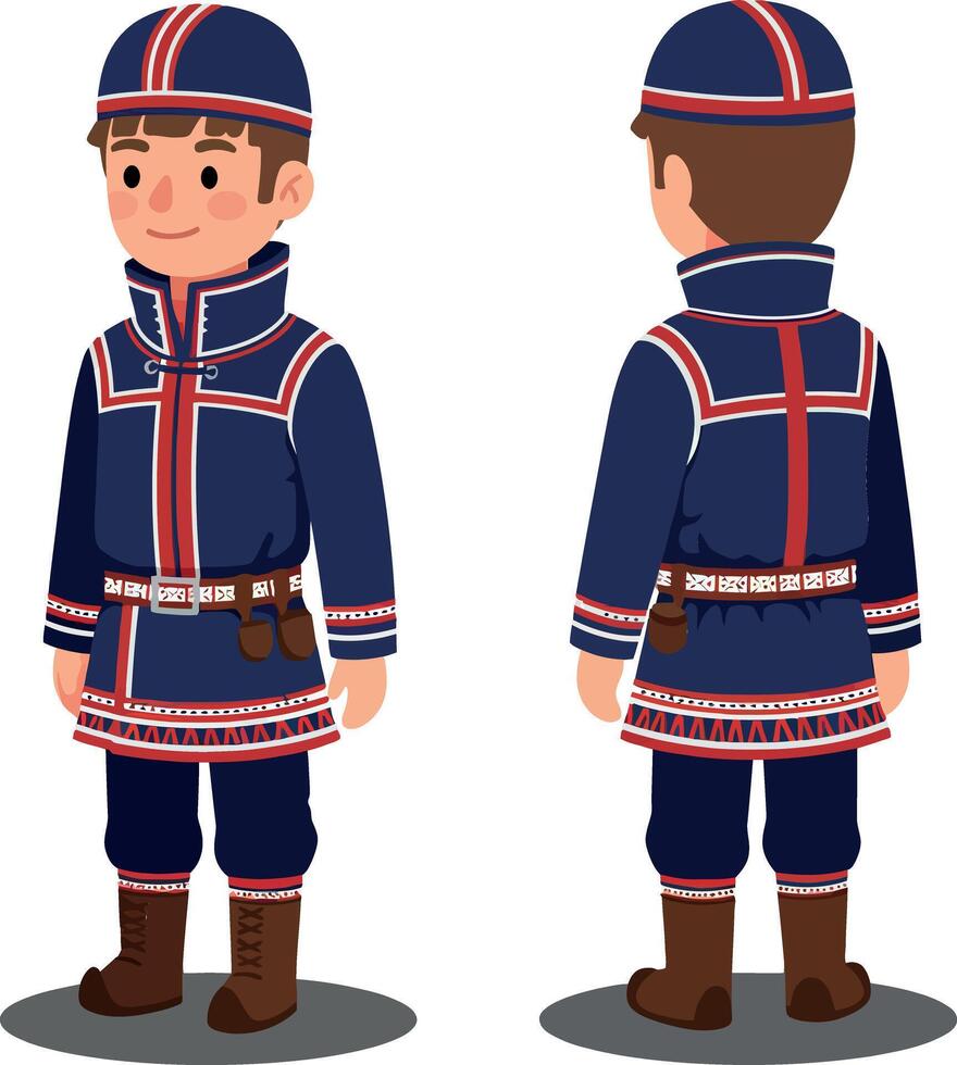 Young man in traditional Sami attire, showcasing a flat design style, standing in profile and three-quarter views, depicted in vibrant colors, illustration vector