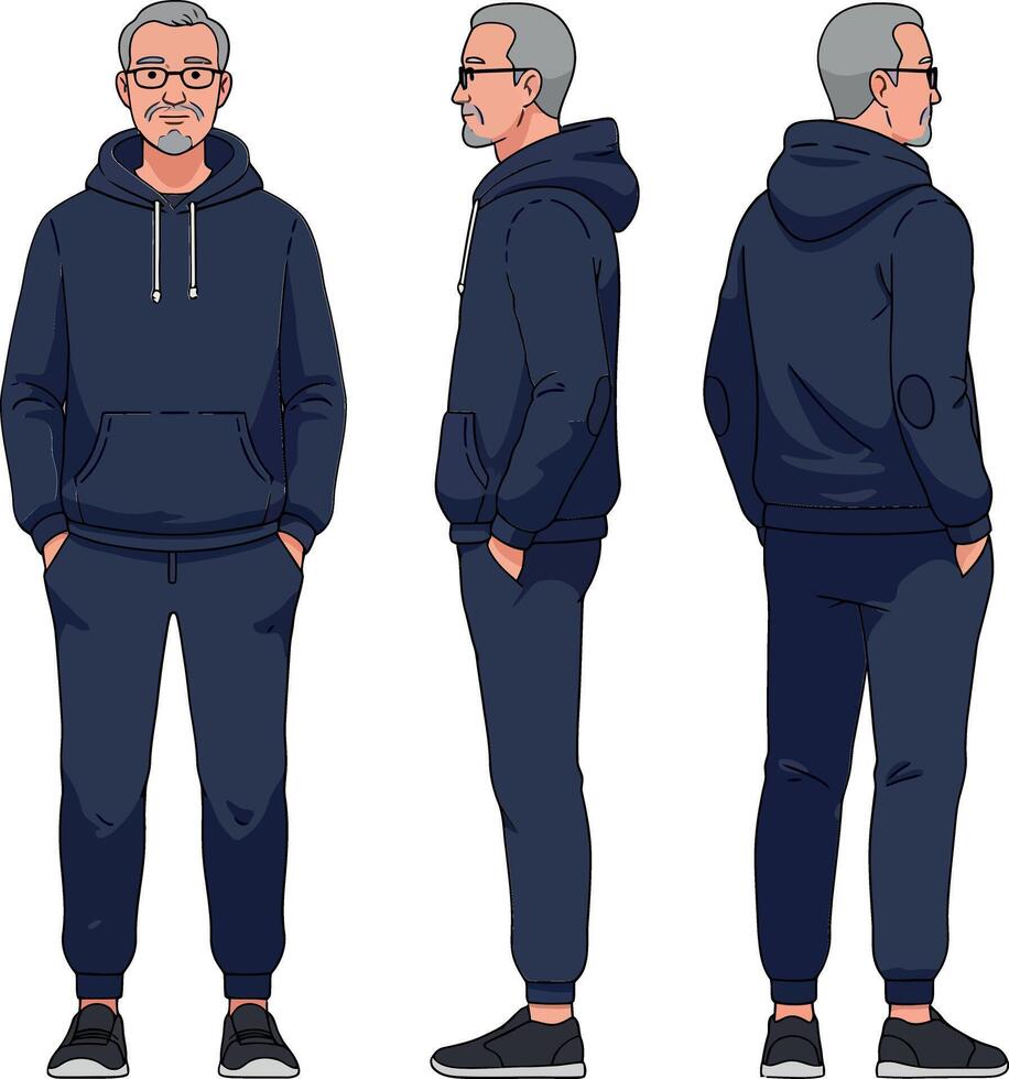 Elderly man in navy hoodie and sweatpants showcasing three perspectives in a minimal illustration, highlighting casual comfort and a relaxed demeanor in art vector