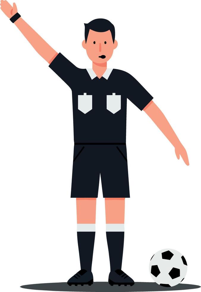 Soccer referee in black uniform signaling a foul with a raised arm in a flat illustration vector