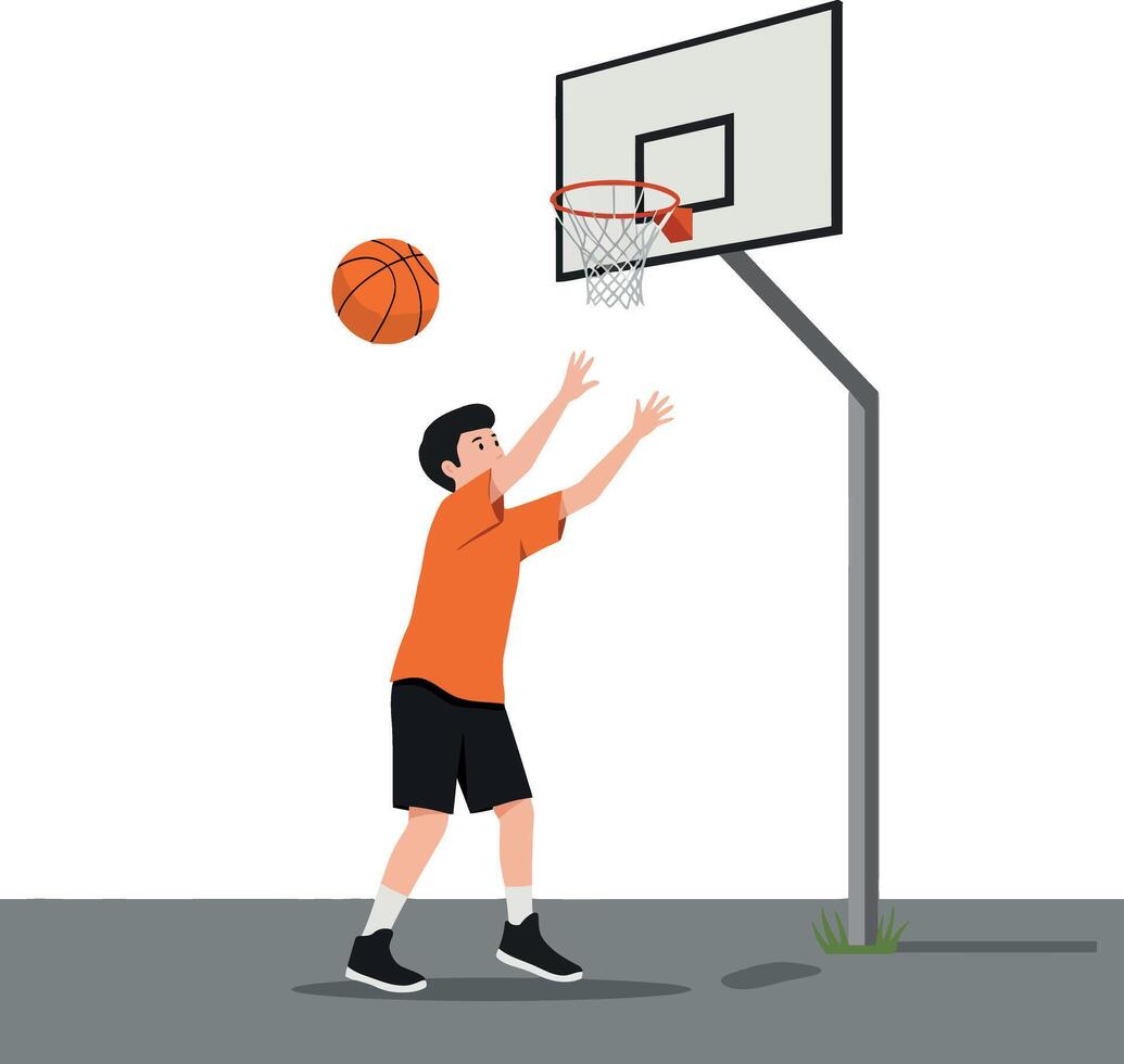 Young boy shooting a basketball towards the hoop in a minimalistic design style showcasing active playfulness in art vector