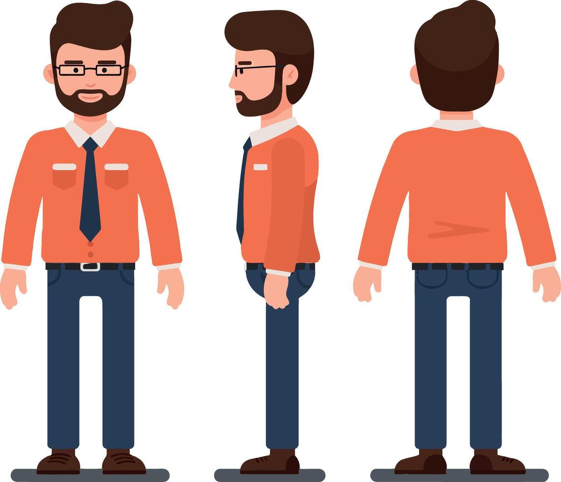 Professional man in three-quarter view wearing an orange shirt and tie, minimal flat art vector