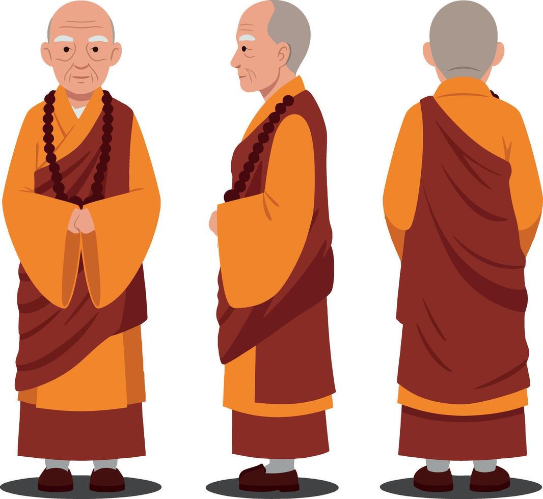 Three-dimensional depiction of a serene monk wearing orange and brown robes in a flat illustration showcasing peaceful expressions and traditional attire vector