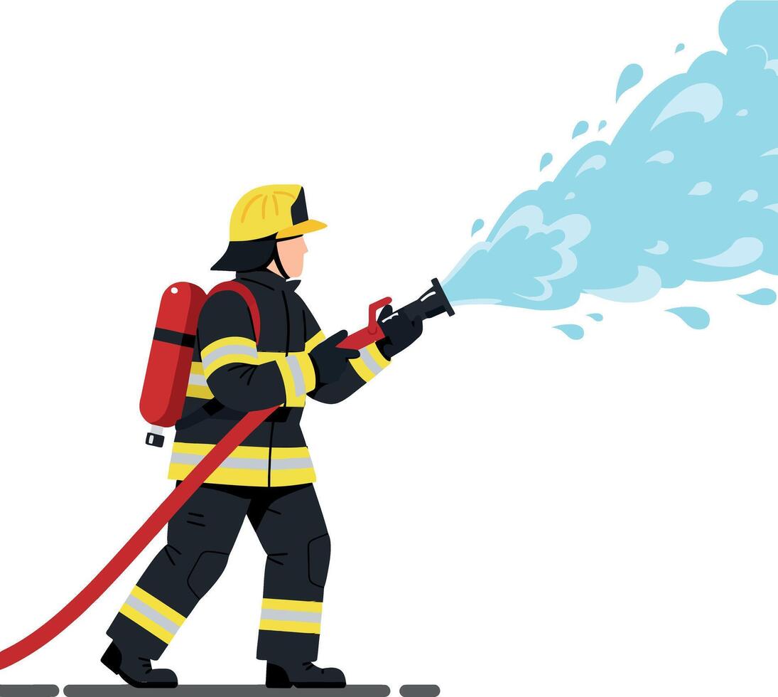 Firefighter in protective gear spraying water from a hose in a flat illustration showcasing bravery and action in a heroic scene art vector