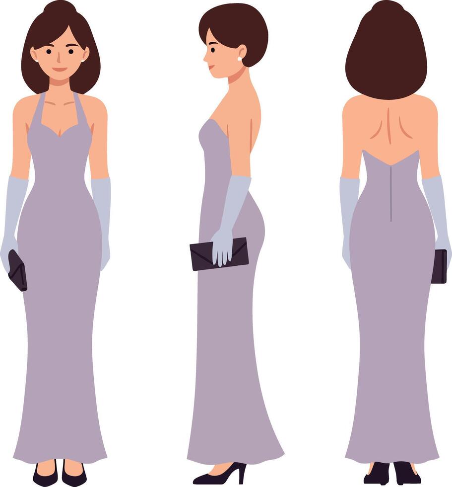 Elegant woman in a lavender evening gown showcasing detailed flat design in three poses, embodying grace and sophistication in illustration vector