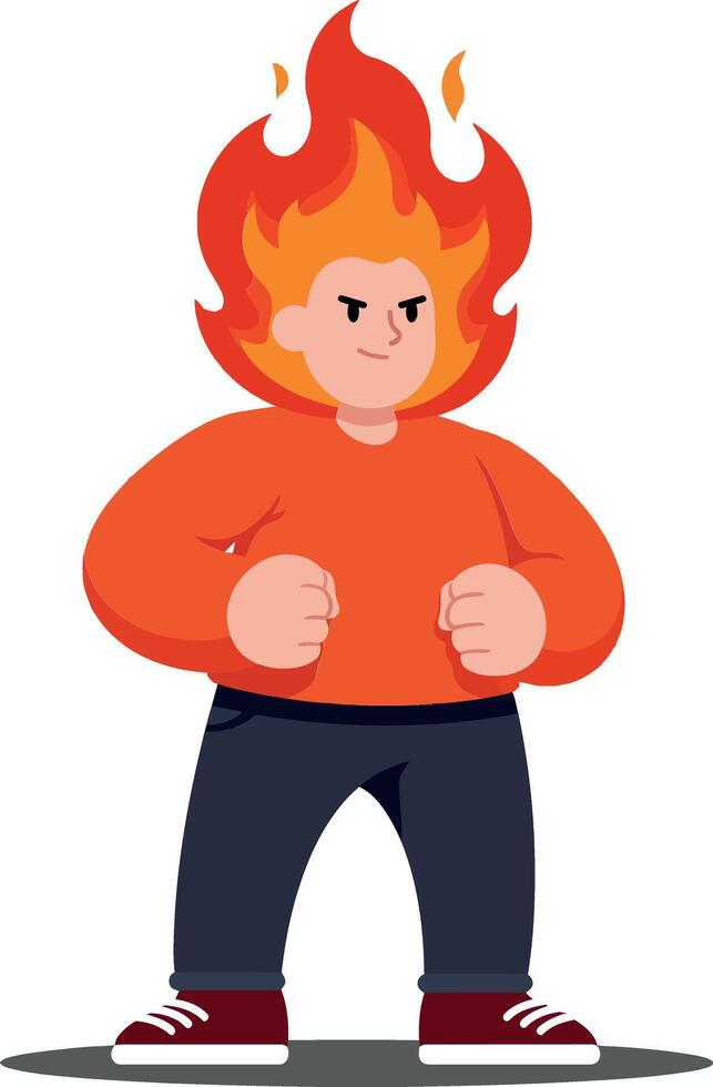 A determined cartoon character with fiery hair in a vibrant orange shirt showcasing strength and confidence in a flat illustration vector