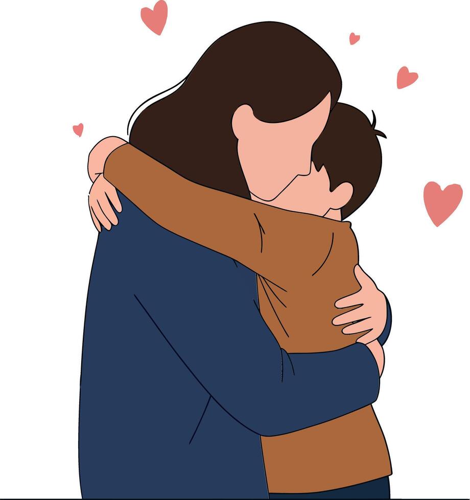 Embracing mother and child in a warm, loving hug, minimalistic design with heart symbols, expressing affection and connection in art vector
