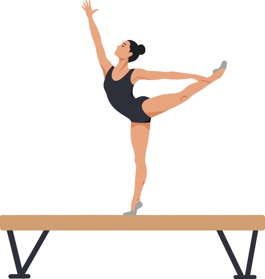 Gymnast performing an elegant balance pose on a wooden beam in minimalistic flat art style showcasing strength and grace in a focused moment of athleticism illustration vector