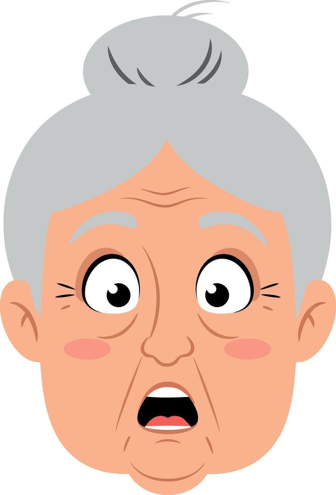 Surprised elderly woman with gray hair and wide-open eyes in a flat illustration style conveying shock and astonishment in her expression vector
