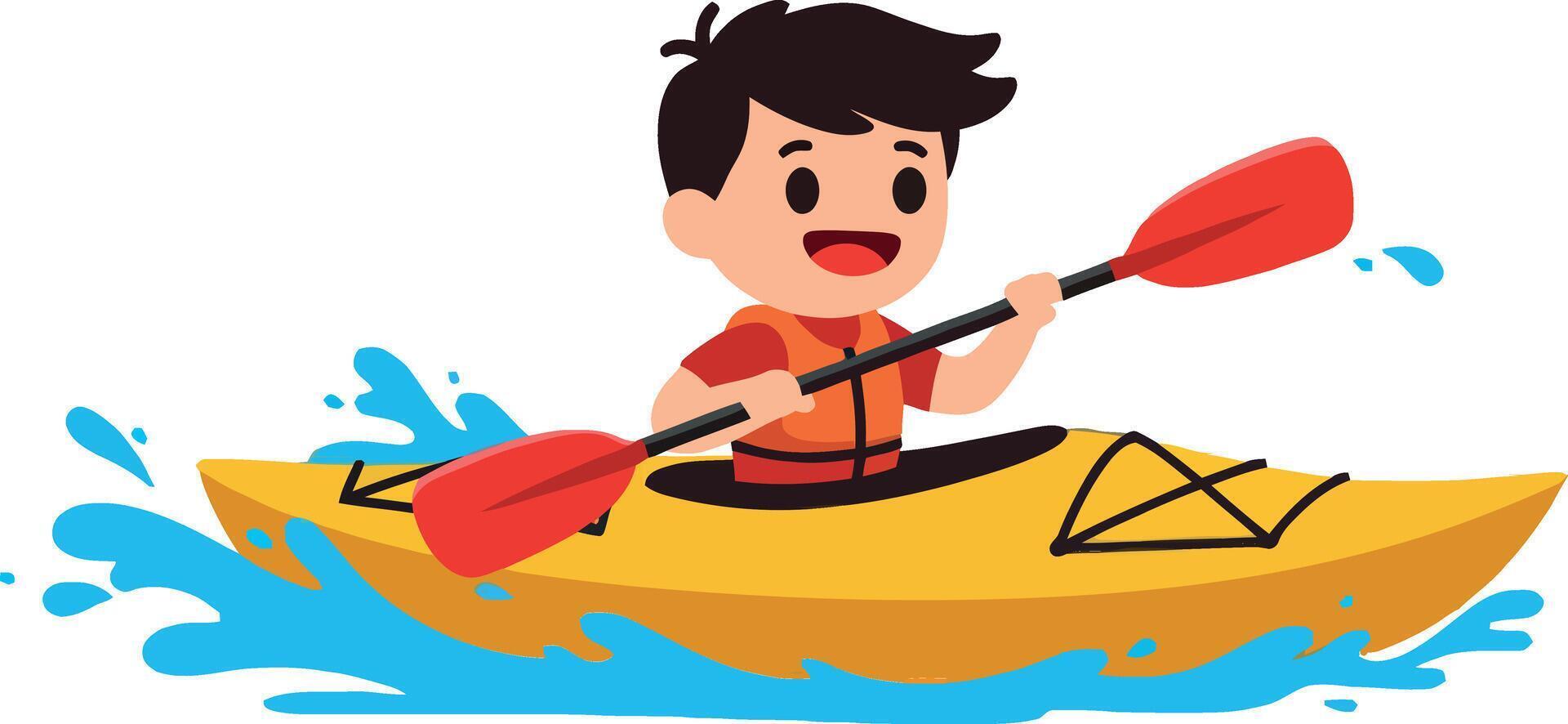 A young boy joyfully paddling a bright yellow kayak through vibrant blue water in a flat illustration vector