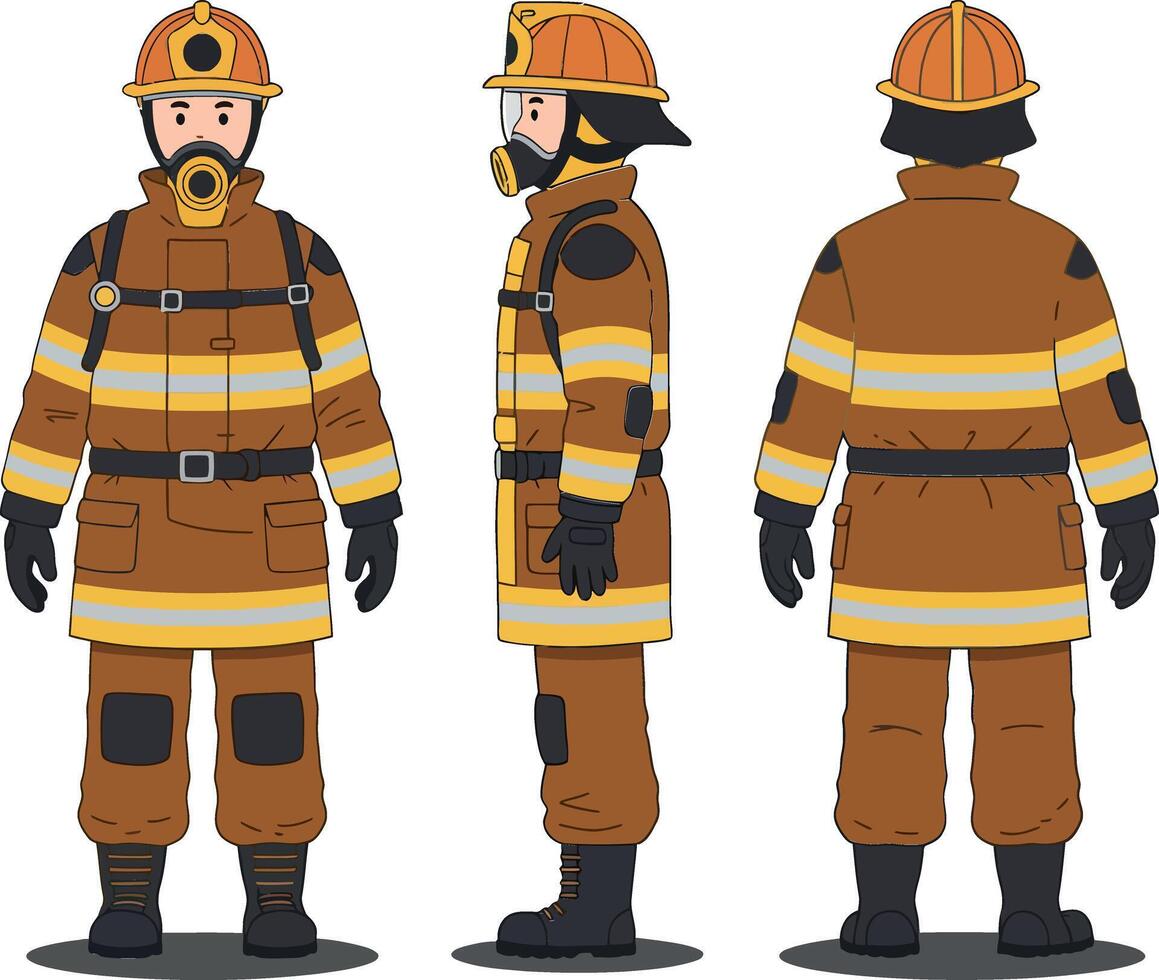 Firefighter in detailed flat art showcasing protective gear from multiple angles in a heroic and determined posture, emphasizing safety and bravery vector