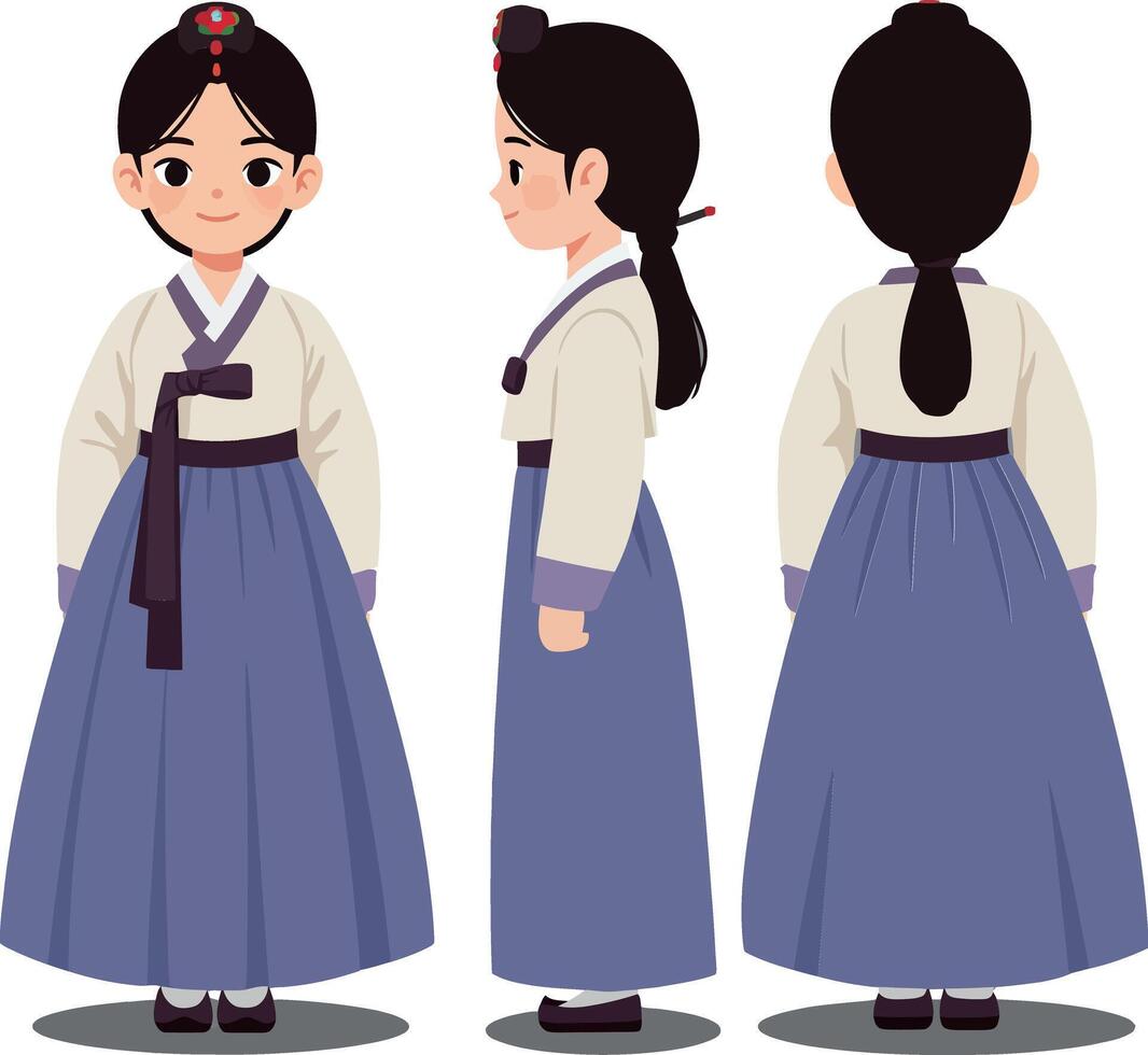 Traditional Korean girl in a vibrant hanbok dress showcasing flat, minimal style with three angles in illustration vector