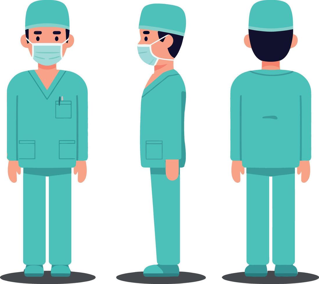 Three diverse views of a male doctor in teal scrubs and face mask showcasing a flat design style illustration vector