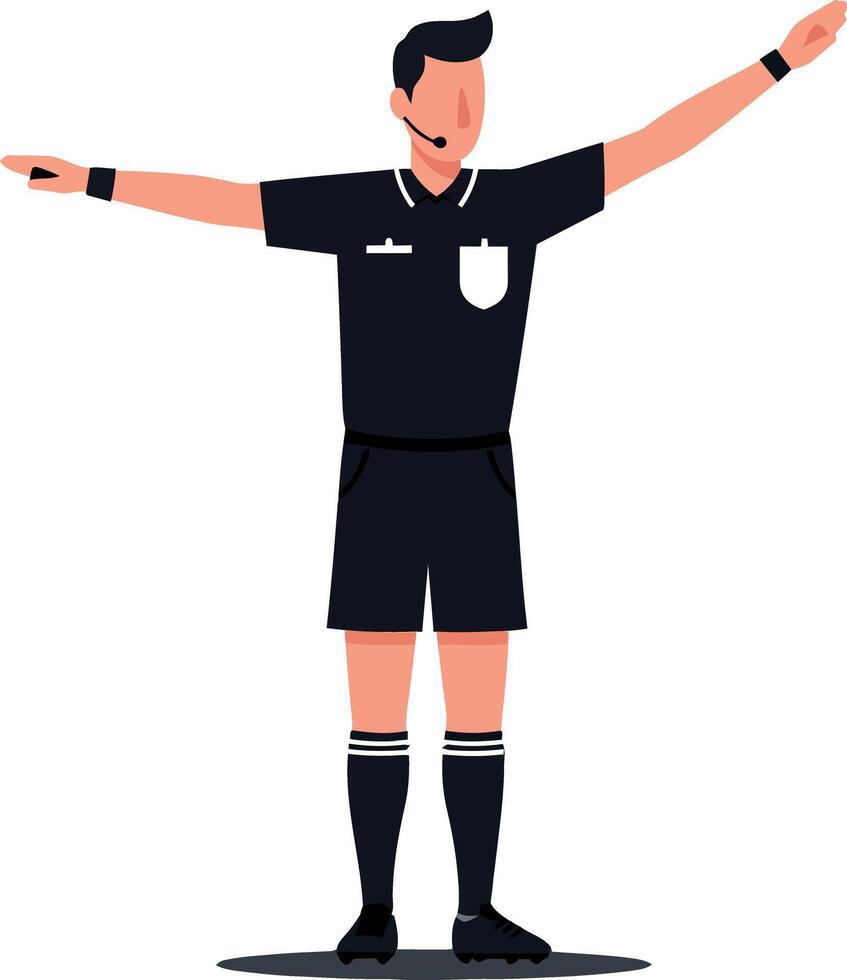 A confident soccer referee in a black uniform signaling with arms raised in a flat and minimal illustration vector