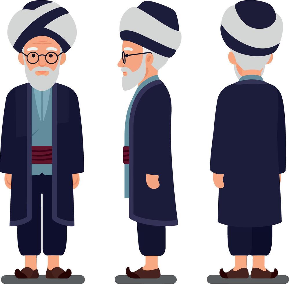 Elderly man in traditional attire with glasses showcasing multiple angles in a flat illustration vector