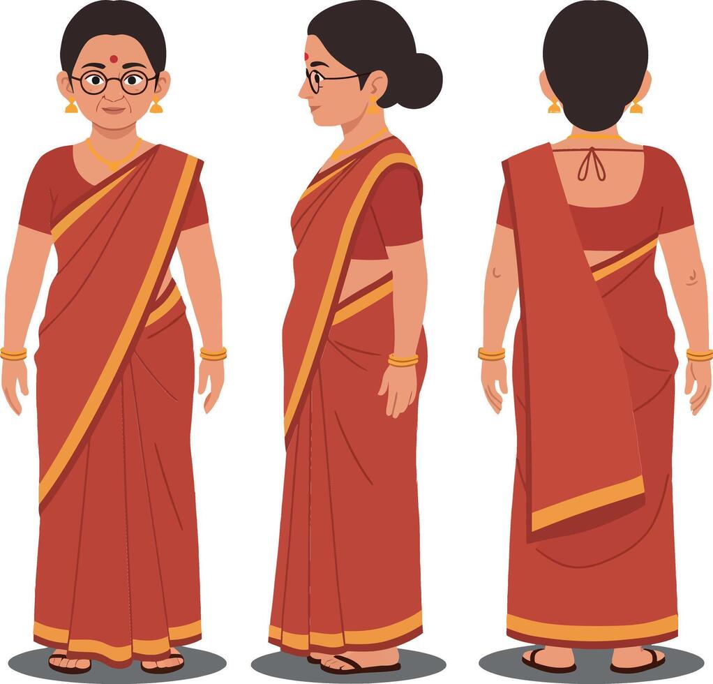 A woman in a traditional red sari showcasing cultural attire in a flat design style illustration from multiple angles emphasizing grace and elegance. vector