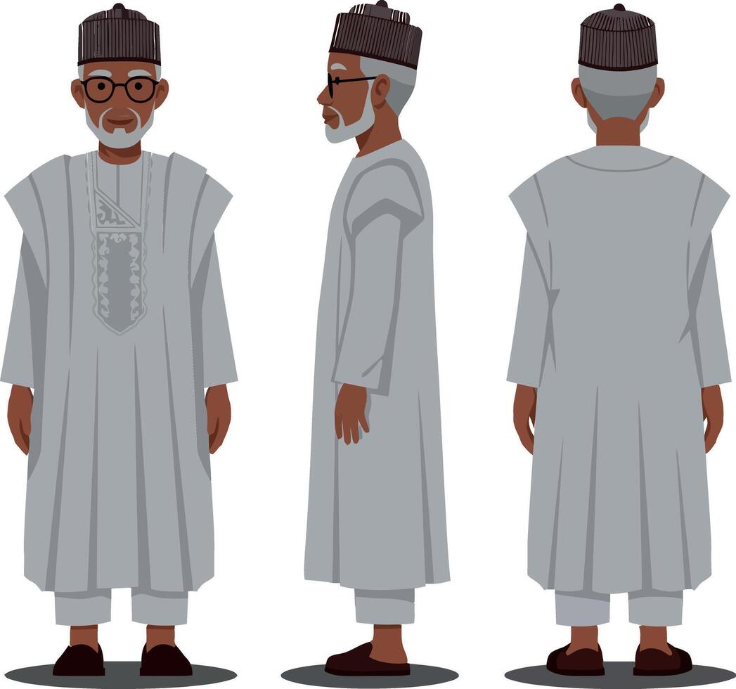 Traditional elderly man in flowing attire showcasing multiple views in a minimal flat illustration style vector