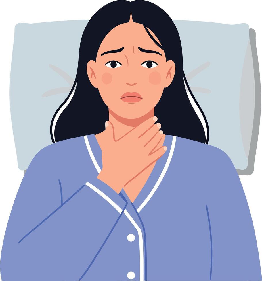 Concerned woman in blue pajamas holding her throat while lying on a pillow in a flat illustration depicting anxiety and discomfort vector