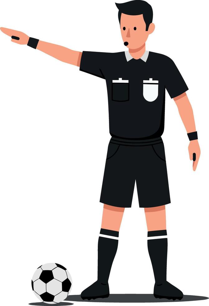 Soccer referee in a black uniform signaling a foul with a pointed finger in a flat, minimal art style vector
