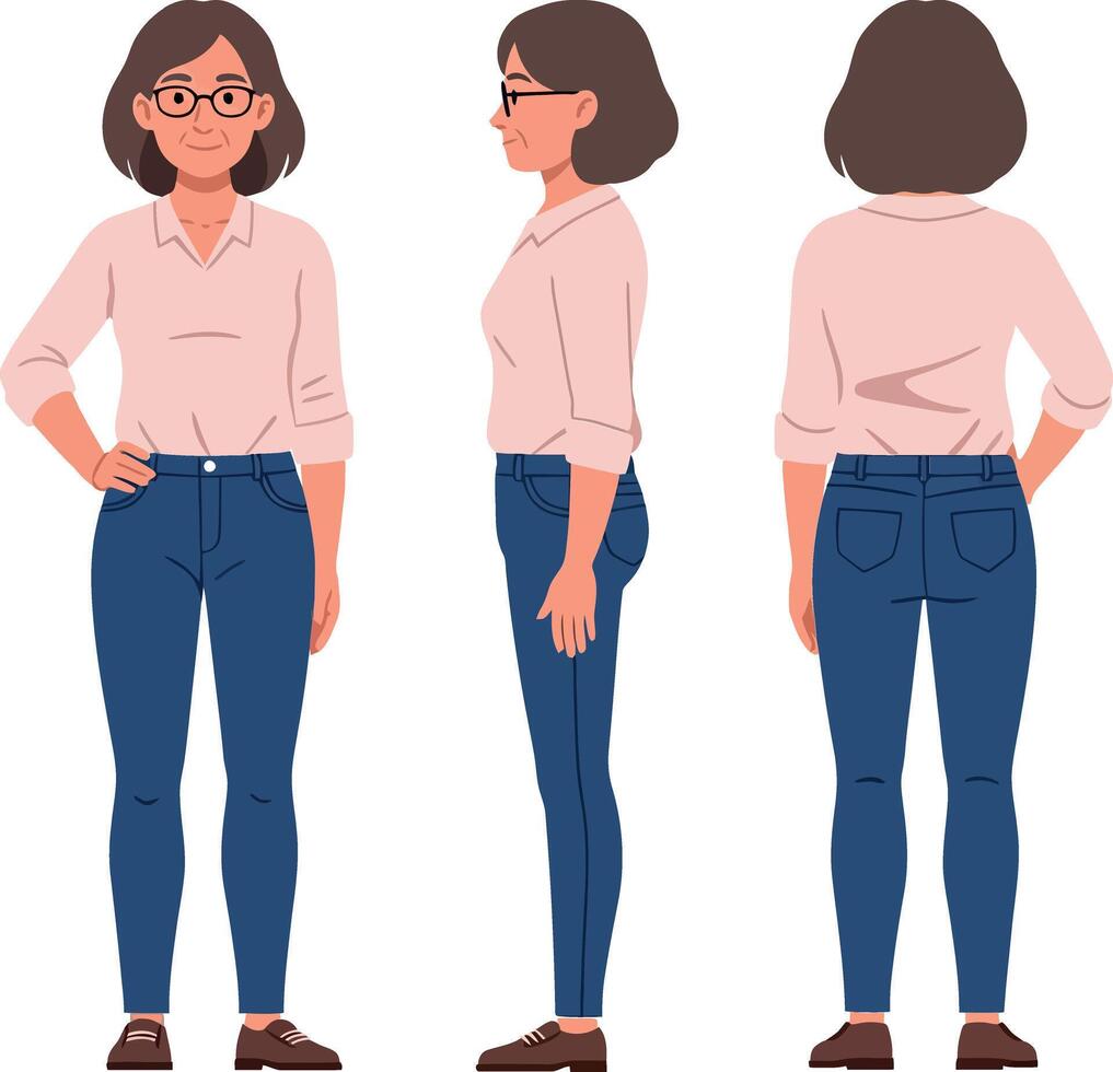 Woman standing confidently in various poses, wearing casual attire, depicted in a flat and minimal design style, showcasing art vector