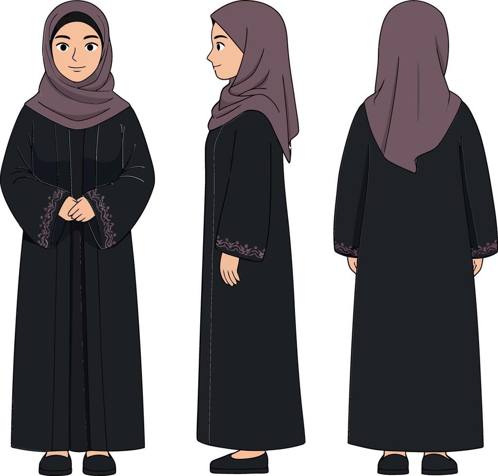A young woman wearing a black abaya with a matching hijab in a flat illustration showcasing different angles and expressions of confidence and grace vector