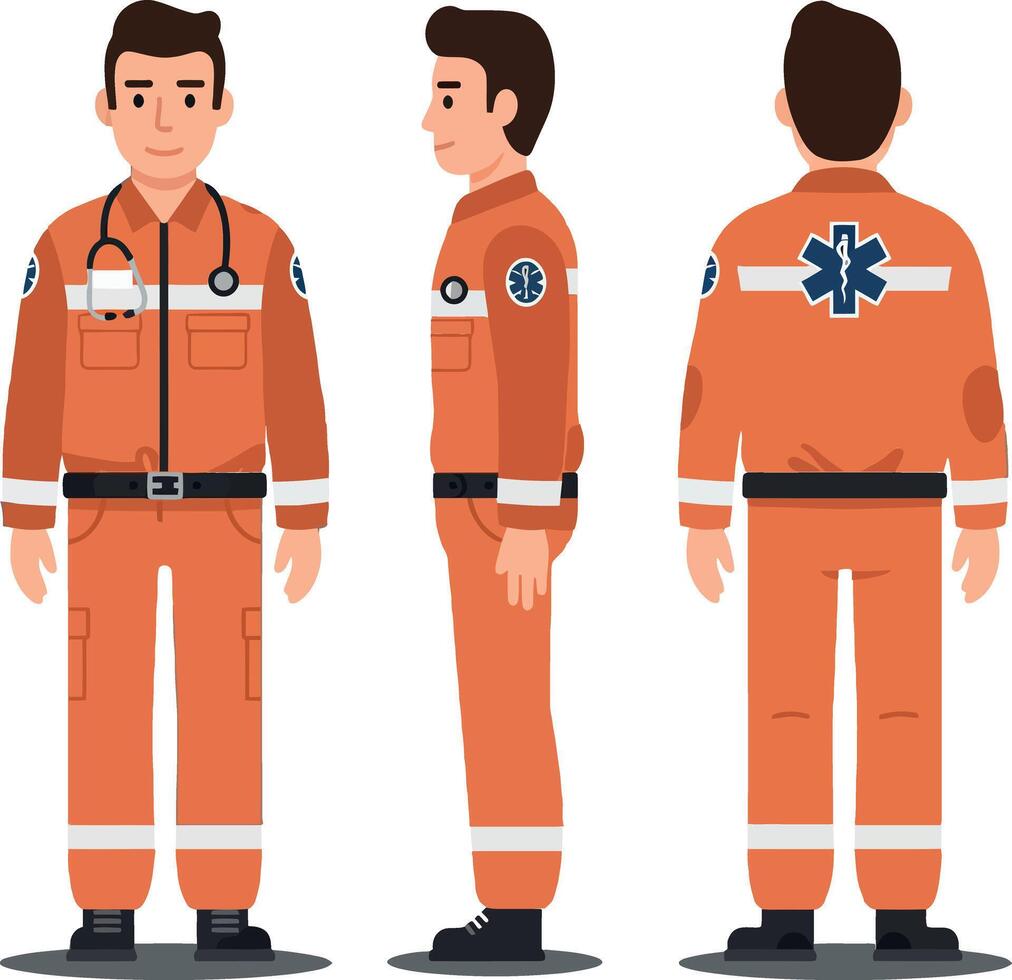 Emergency medical technician character in flat design style showcasing different poses and angles wearing orange uniform, illustration vector