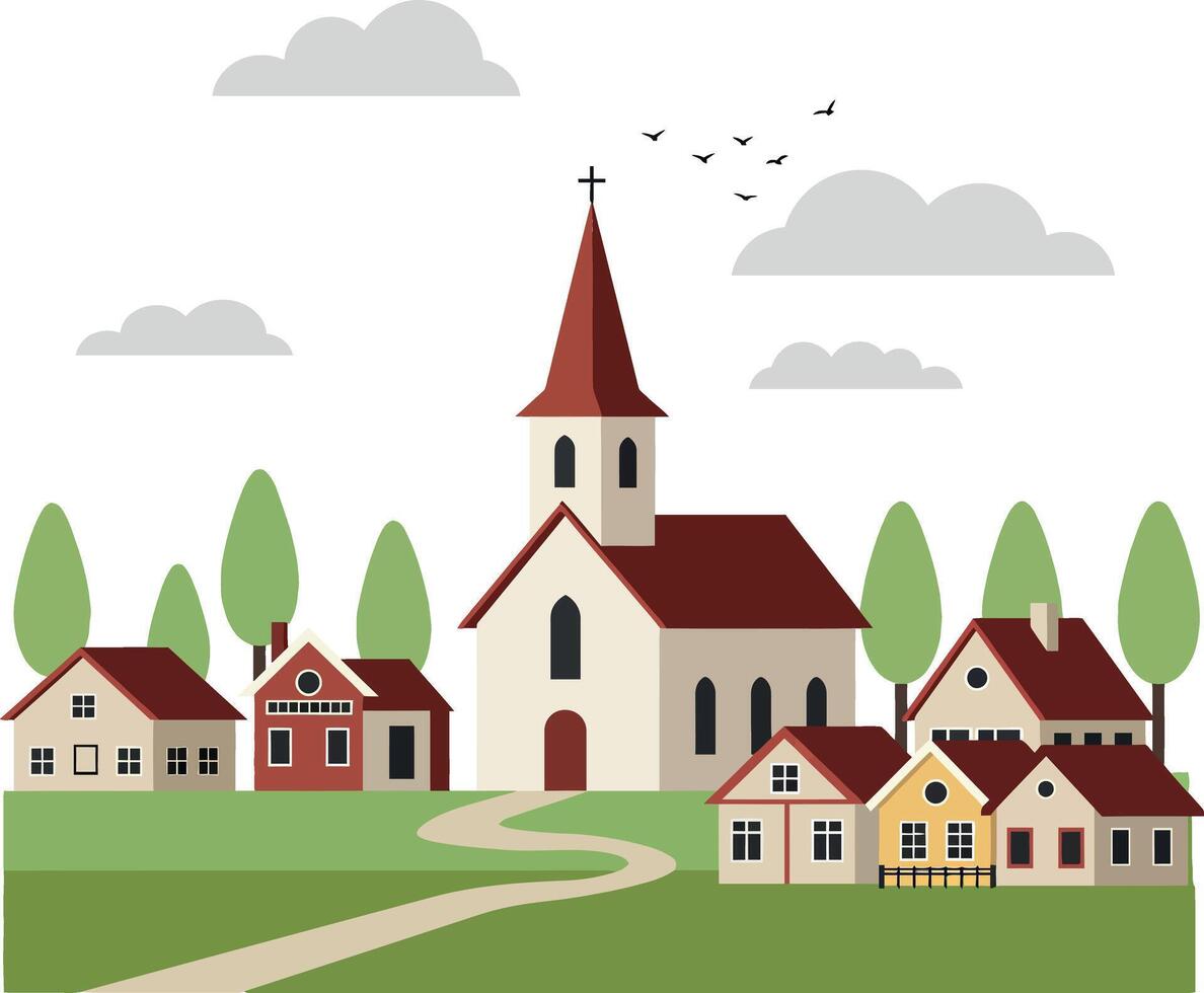 Charming village scene featuring a quaint church and colorful houses in minimal flat design art vector